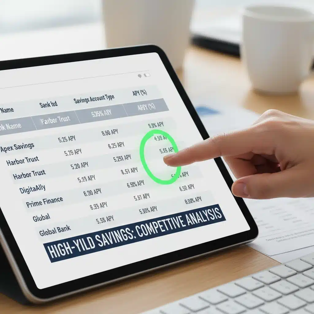 Digital comparison chart of high-yield savings accounts with 5% APY highlighted.