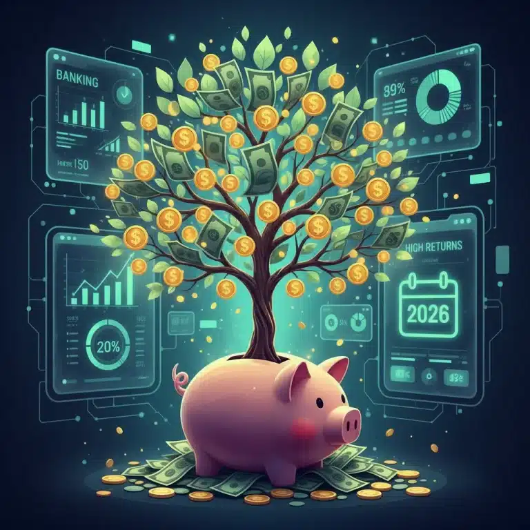 Money tree growing with high-yield savings, symbolizing financial growth in 2026.