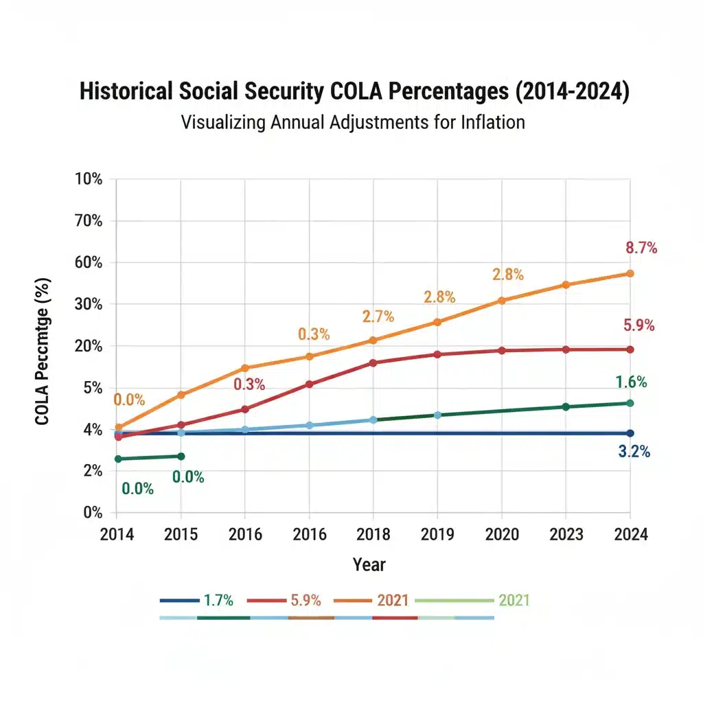 Graph showing historical COLA percentages for Social Security benefits.