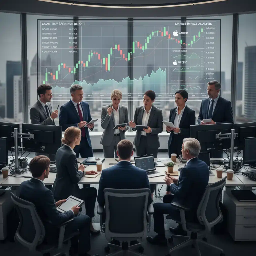 Investors discussing market impact of corporate earnings reports