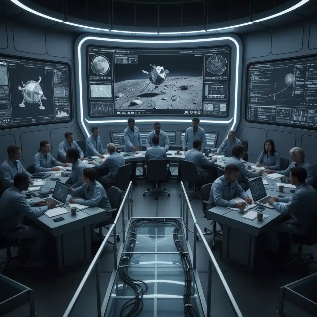 NASA engineers and scientists monitoring lunar mission data in a high-tech control room.