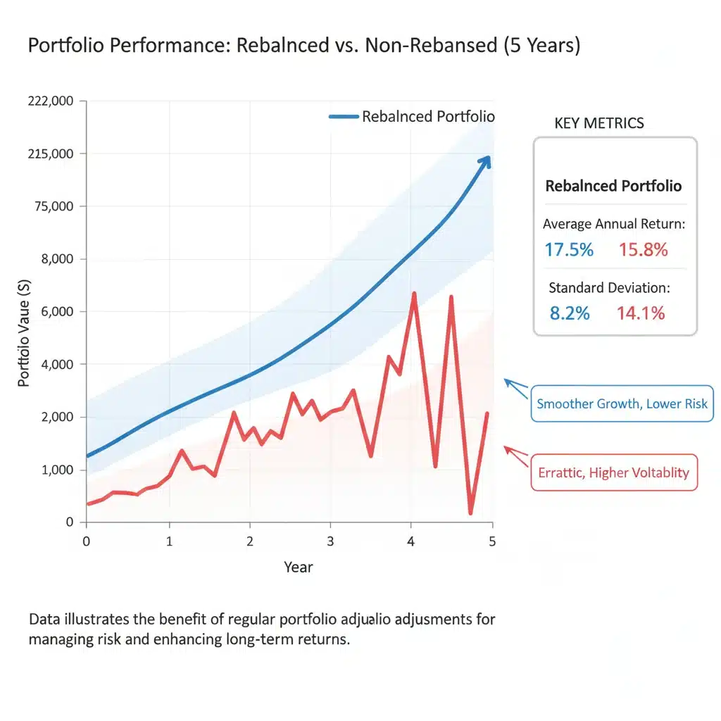 Chart comparing rebalanced versus non-rebalanced portfolio performance over five years, showing smoother growth.