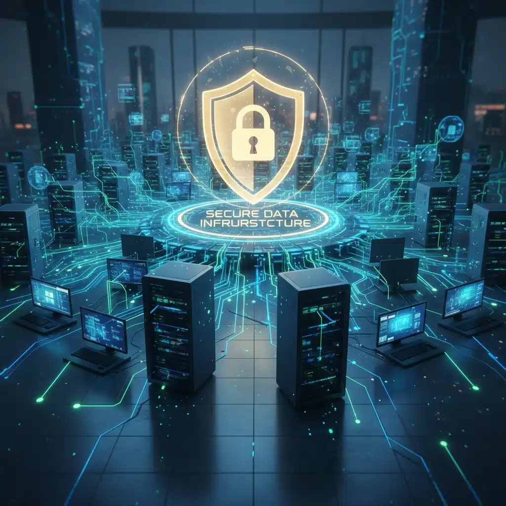 Secure network infrastructure with a shield icon, illustrating robust data protection measures