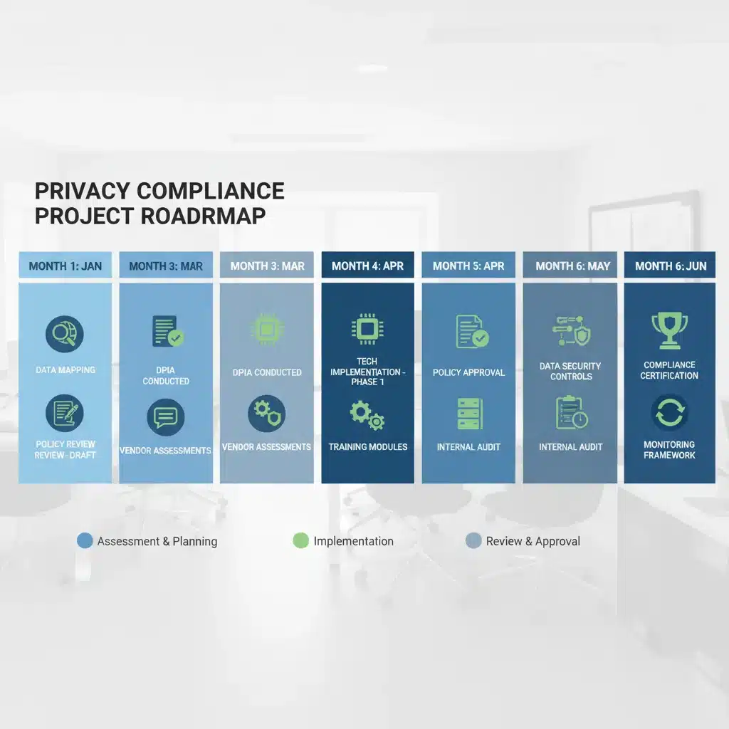 Six-month project timeline for data privacy regulation compliance, showing key milestones