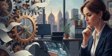 Small business owner contemplating new financial regulations on a tablet in a modern office
