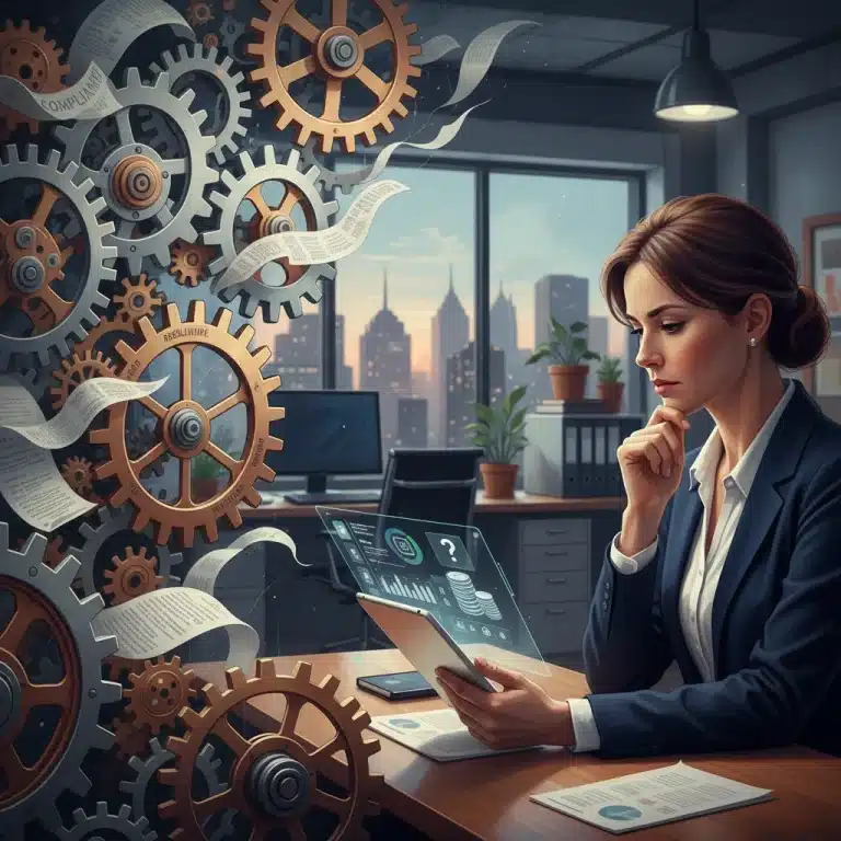 Small business owner contemplating new financial regulations on a tablet in a modern office