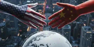 Stylized representation of US and Chinese flags on hands shaking over a globe, symbolizing US China relations in 2026.