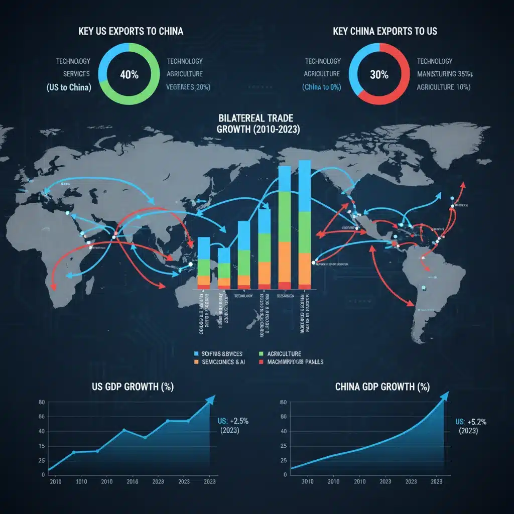 Infographic showing US-China trade routes and economic indicators for 2026, highlighting key industries.