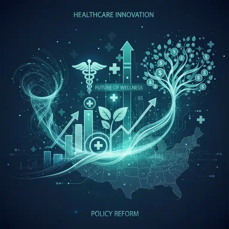 Abstract graphic showing healthcare data, financial charts, and medical symbols, representing US healthcare policy changes and budget increases.