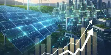 Futuristic smart grid with solar panels, wind turbines, and financial graphs symbolizing the 2026 energy transition driven by federal subsidies.