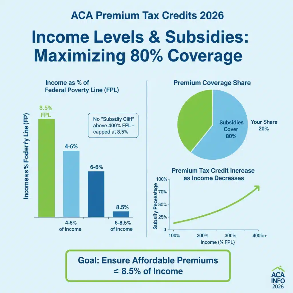 Infographic showing ACA subsidy eligibility and income thresholds for 2026 healthcare coverage.