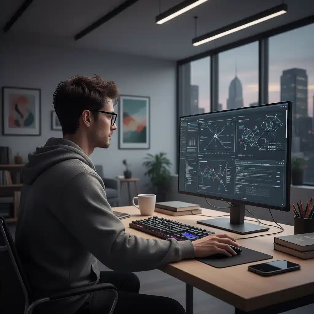 Individual analyzing complex data and AI algorithms on a computer