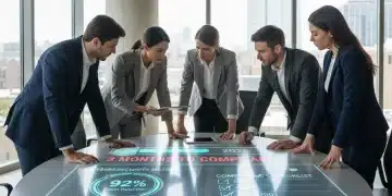 Business team planning for 2026 US cybersecurity compliance on a digital dashboard
