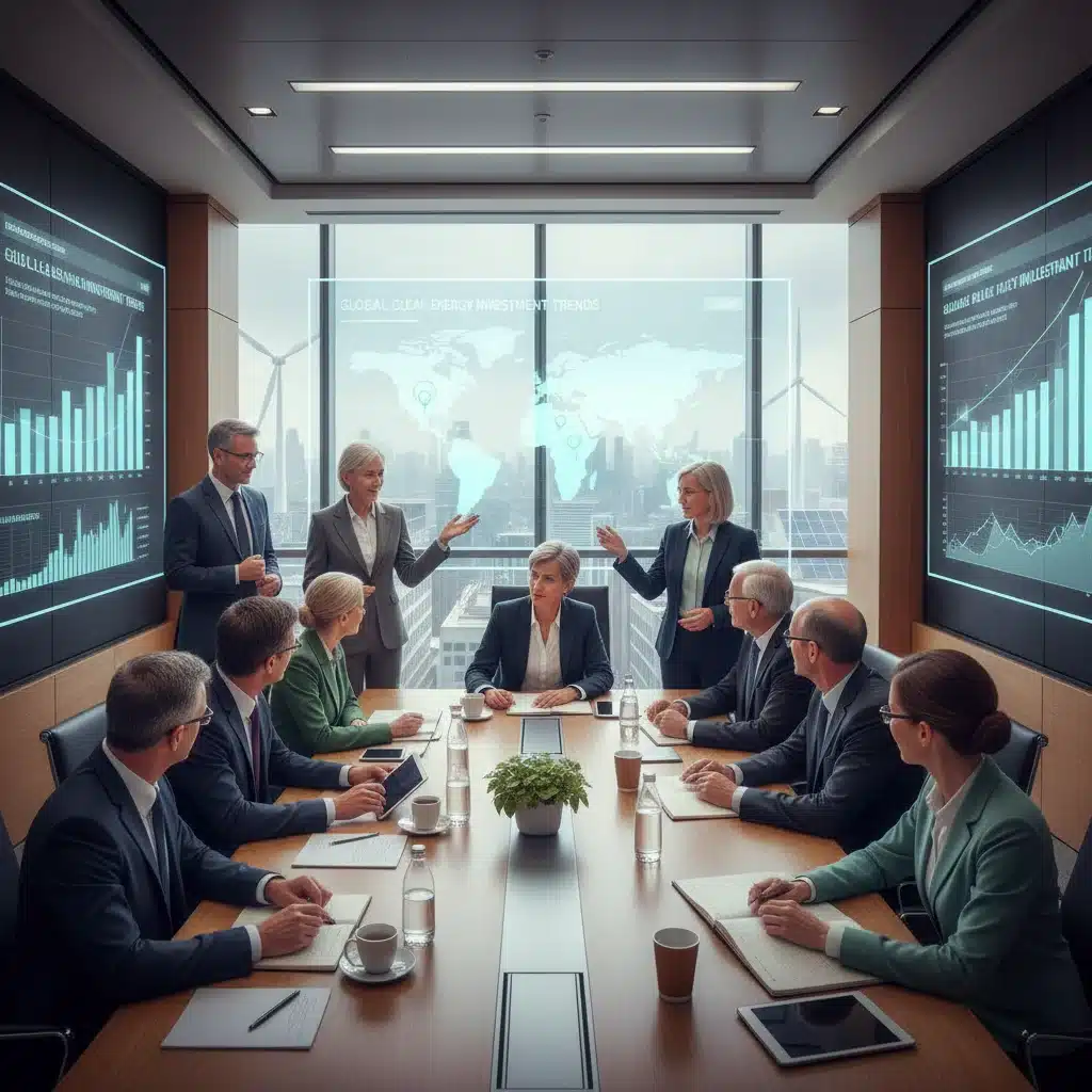 Executives and policymakers discussing clean energy investment and policy implementation in a modern meeting.