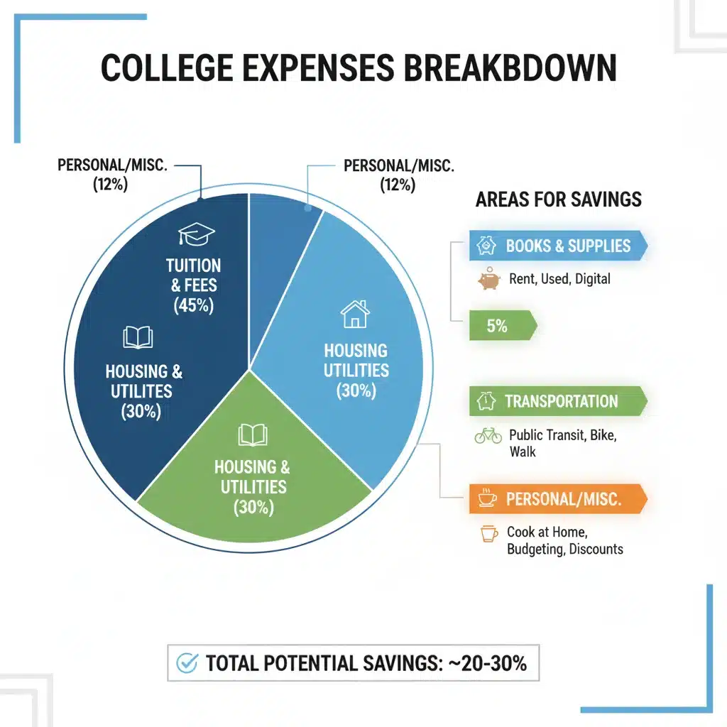 Infographic showing college expense breakdown and savings opportunities