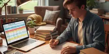 Student planning college finances with laptop and documents