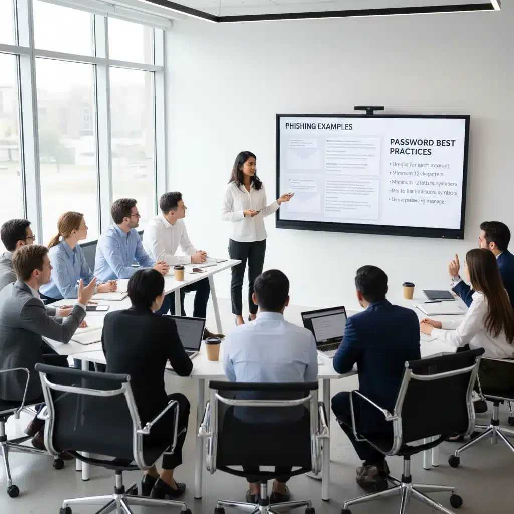 Employees participating in an interactive cybersecurity awareness training session