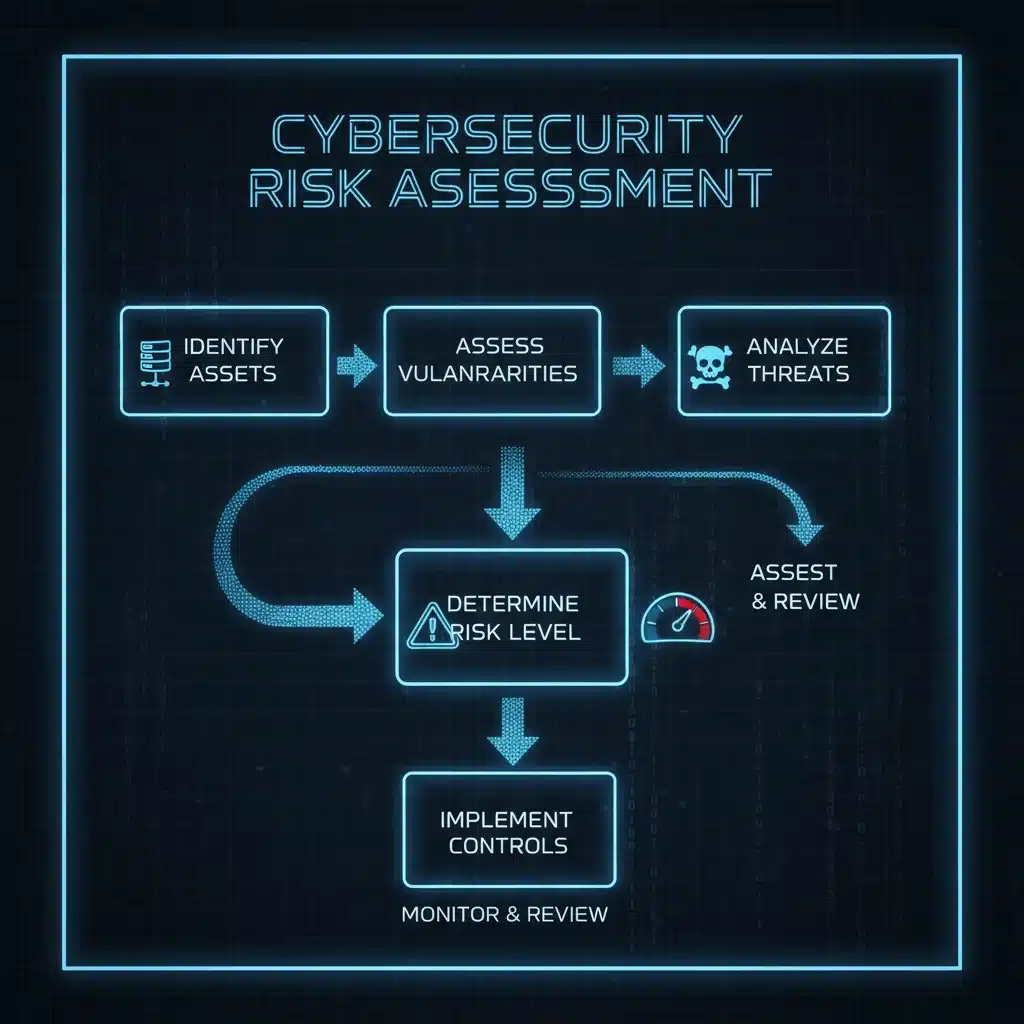 Cybersecurity risk assessment flowchart with identification, assessment, analysis, and control steps