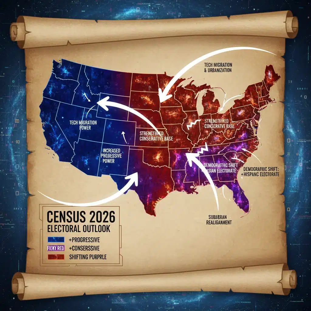 Electoral map illustrating shifts in political power due to Census 2026 demographic changes