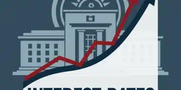 Federal Reserve building with an upward-trending interest rate chart, symbolizing future rate hikes and economic impact.