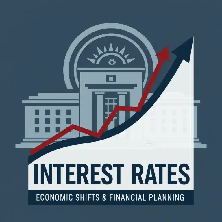 Federal Reserve building with an upward-trending interest rate chart, symbolizing future rate hikes and economic impact.