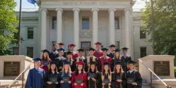 Diverse college students celebrating graduation with federal flags, symbolizing federal scholarship support.