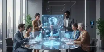 Professionals collaborating on future in-demand skills in a high-tech office