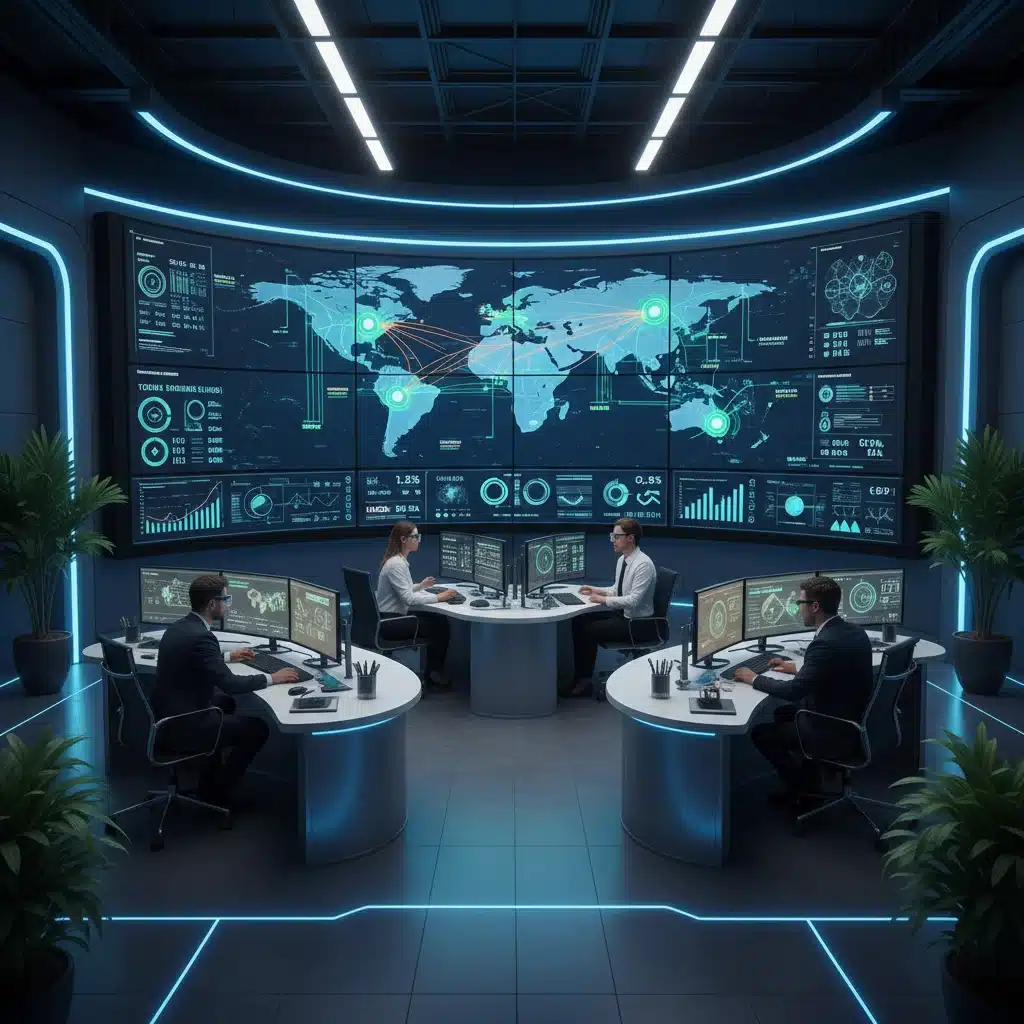 Engineers monitoring a digital display of a modernized power grid with integrated renewable energy sources.