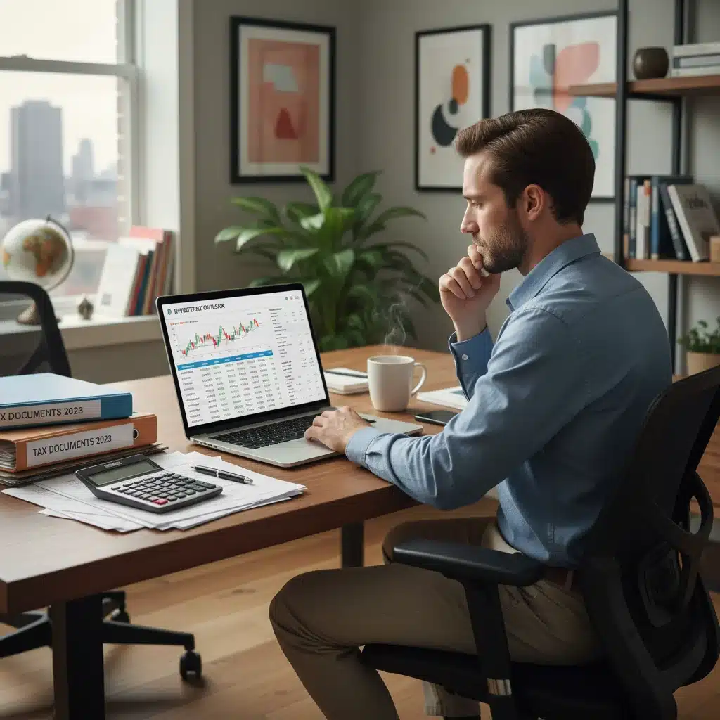 Investor analyzing financial data and tax implications on a laptop