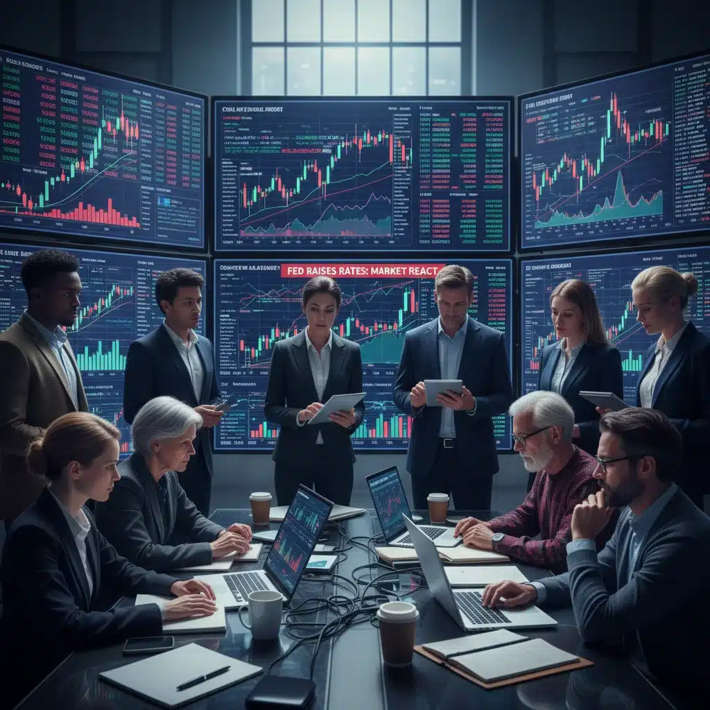 Investors analyzing stock market data, illustrating market reaction to Federal Reserve interest rate announcements.