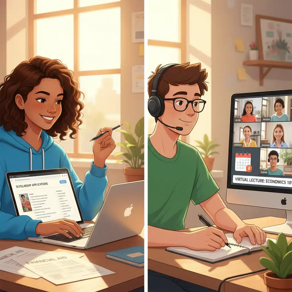 Student applying for scholarships and attending online class