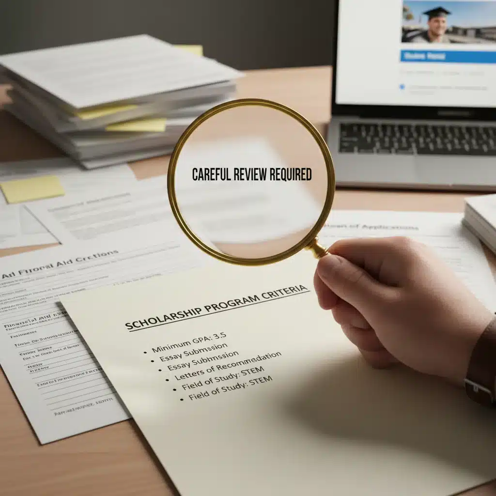 Magnifying glass over scholarship document, highlighting detailed requirements.