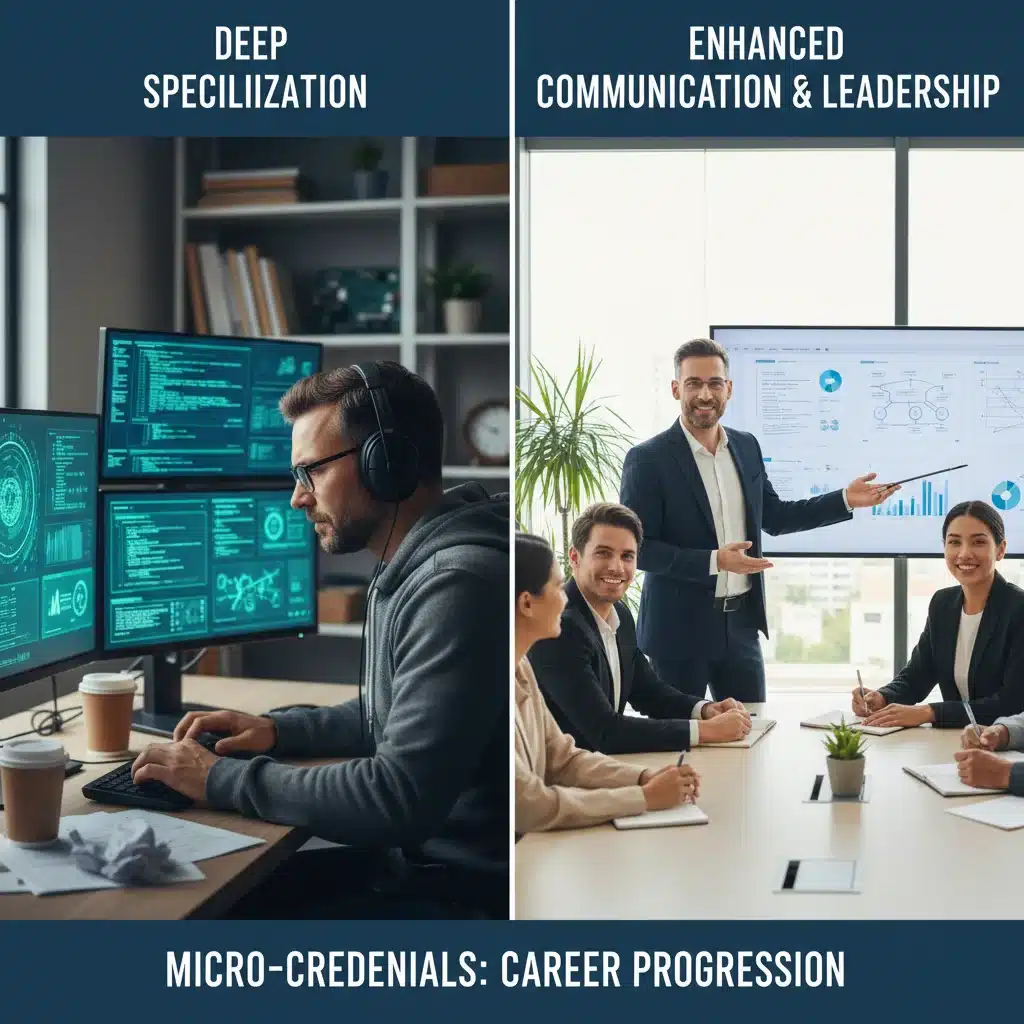 Individual specializing in technical skills and leading a team, illustrating career progression through micro-credentials.