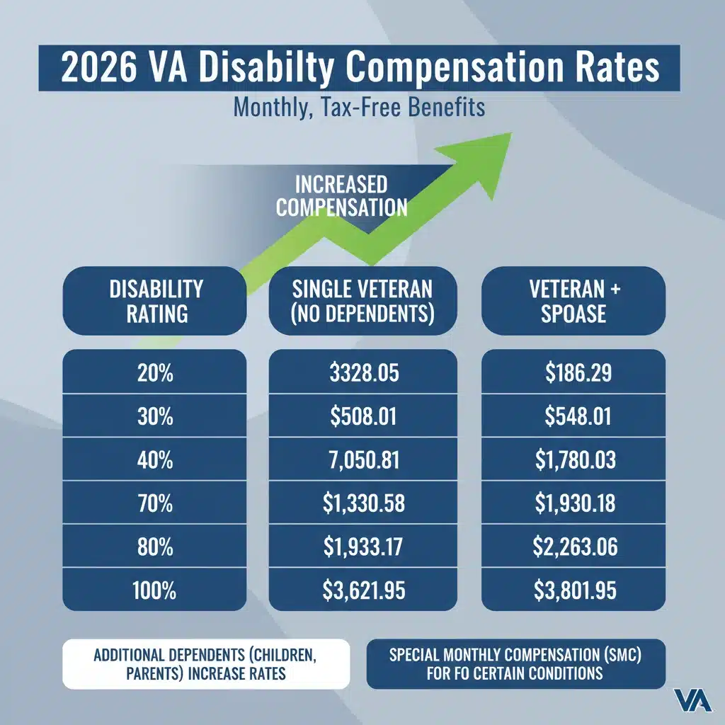 Infographic showing projected VA disability compensation rates for 2026 with various tiers and percentages.