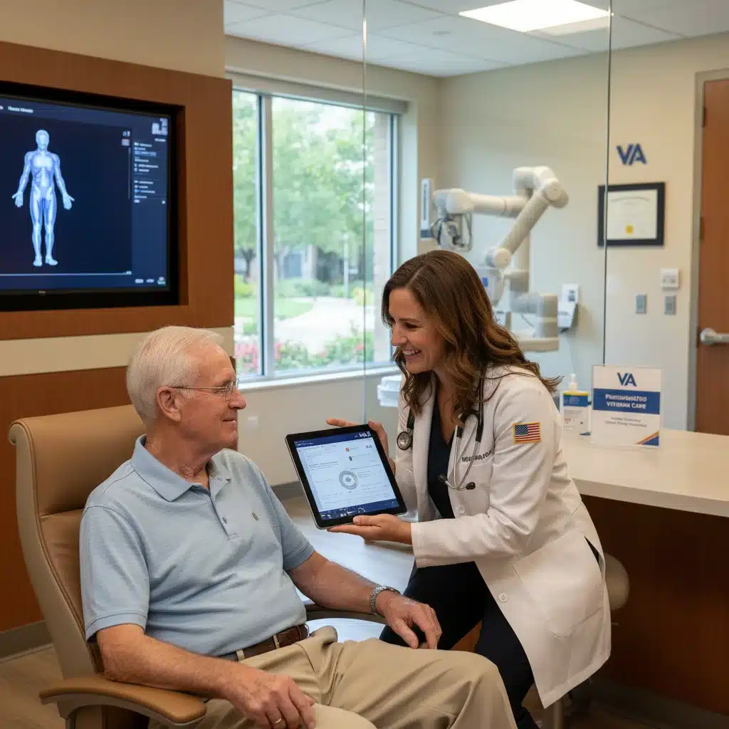 Healthcare professional consulting with a veteran in a modern VA medical facility, symbolizing enhanced VA healthcare access.