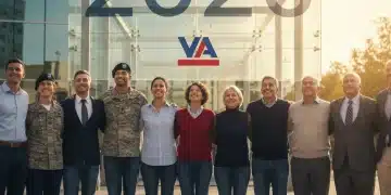 Veterans standing together, looking towards a hopeful future with the year 2026 subtly in the background, representing upcoming VA benefits.