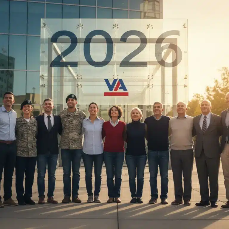 Veterans standing together, looking towards a hopeful future with the year 2026 subtly in the background, representing upcoming VA benefits.