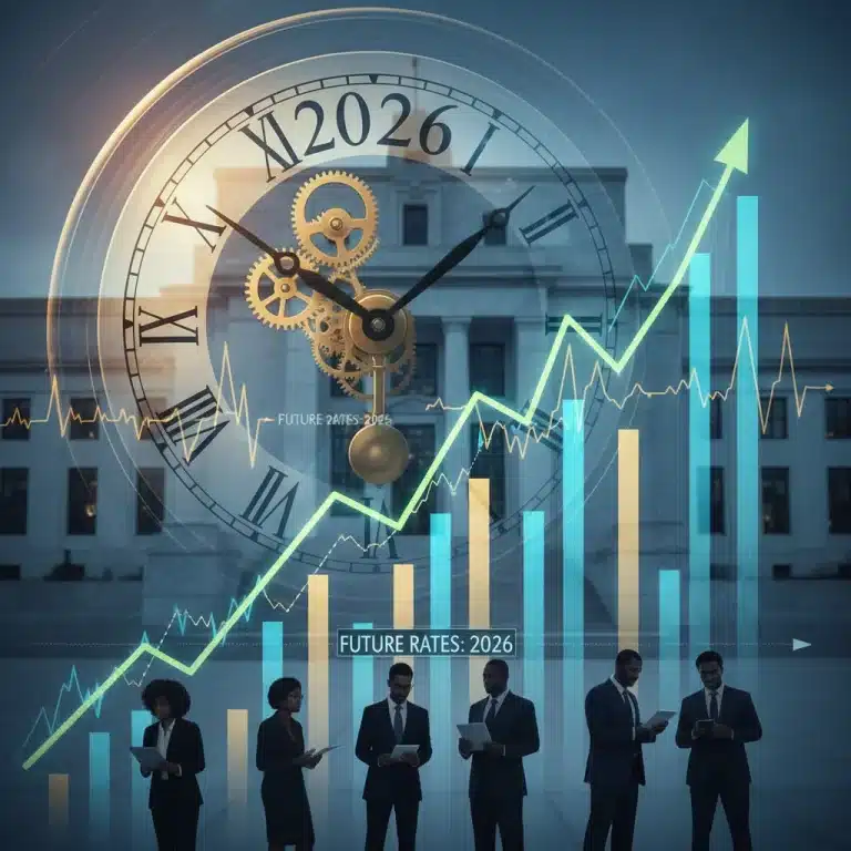 Financial charts with upward trend and clock ticking towards 2026, symbolizing Federal Reserve interest rate changes and investor preparedness.