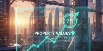 Futuristic cityscape with rising sun and a 7% growth graph, symbolizing the 2026 real estate outlook.