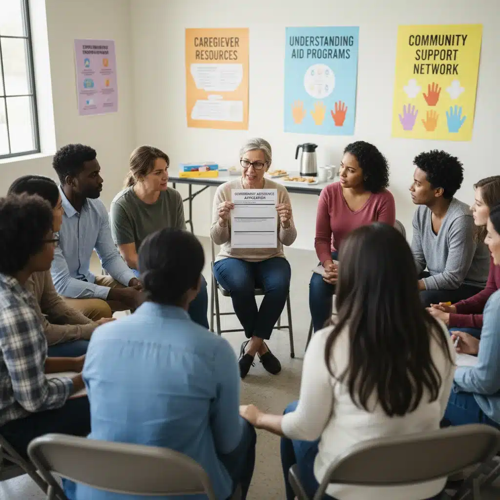 Caregivers participating in a support group, discussing government aid and resources for elderly care.