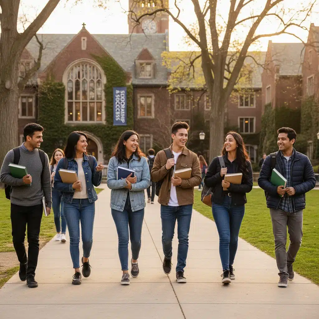 Diverse college students walking happily on campus after securing financial aid
