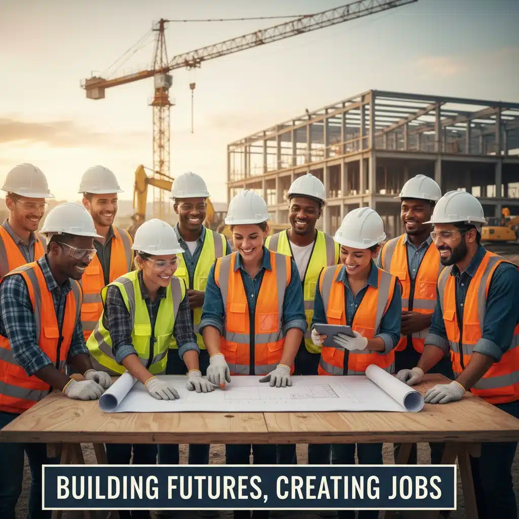 Diverse construction workers reviewing blueprints on site