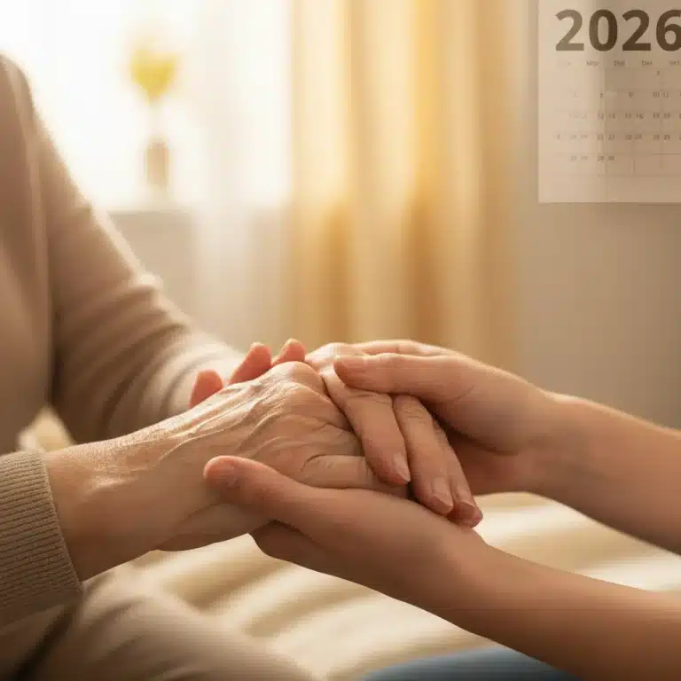 Close-up of a caregiver's hand holding an elderly person's hand, representing support and care for seniors.