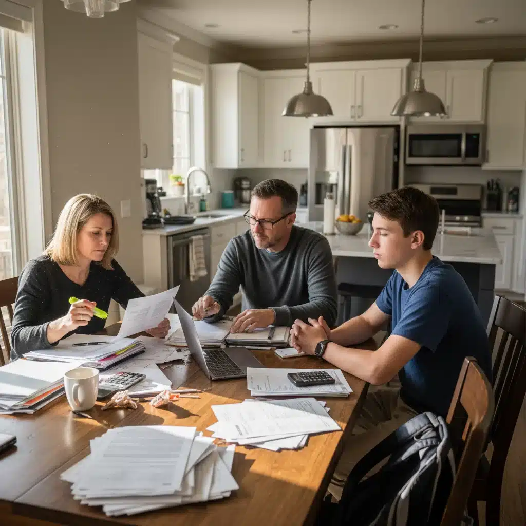 Family discussing college financial aid documents at home