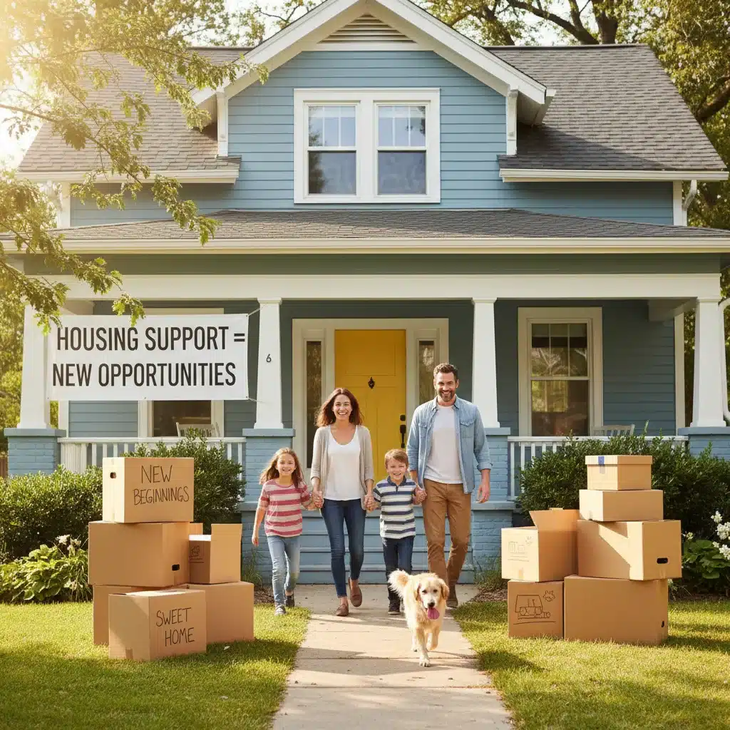 Happy family moving into a new home, symbolizing successful housing support.