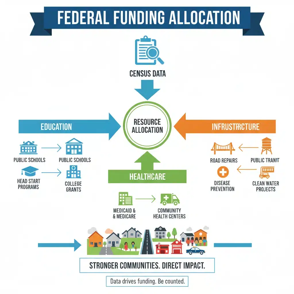 Infographic illustrating federal funding distribution influenced by census data.