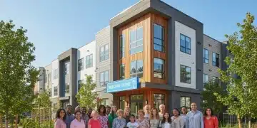 Diverse individuals smiling in front of a modern affordable housing complex, symbolizing housing assistance.