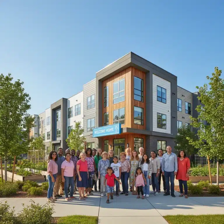 Diverse individuals smiling in front of a modern affordable housing complex, symbolizing housing assistance.