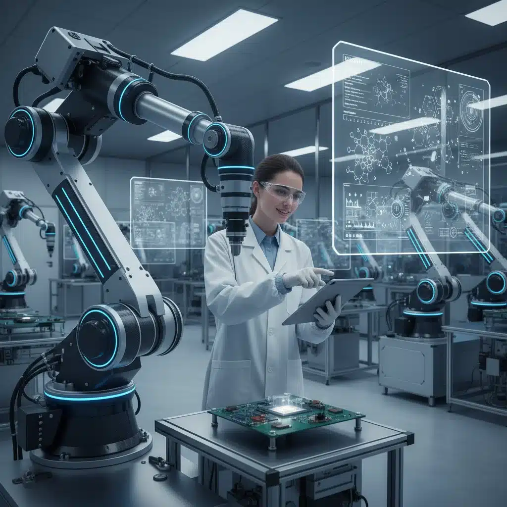 Human and robot collaboration in a high-tech manufacturing environment, showcasing advanced technology integration.