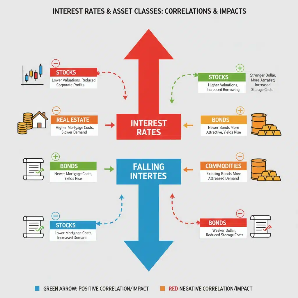 Diagram showing the impact of rising interest rates on different asset classes like stocks, bonds, real estate, and commodities.